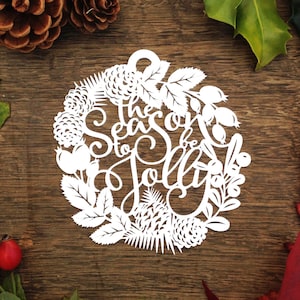 Modello di ritaglio di carta per palline di Natale "The Season To Be Jolly" PDF SVG Modello di ritaglio di carta stampabile
