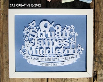 Personalised Papercut Template Baby Boys Birth Announcement Gift by Samantha's Papercuts
