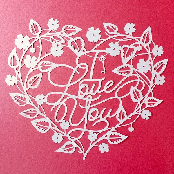 Commercial Use Papercut Template 'I Love You' Love Heart Valentines Wedding PDF JPEG for handcut & SVG for Silhouette Cameo or Cricut