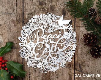 Christmas Papercut Template, 'Peace On Earth' (PDF, SVG)