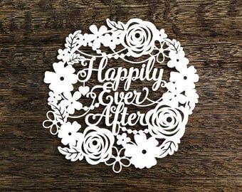 Papercut Template Floral Wreath Happily Ever After Wedding Decoration Card Making PDF JPEG for handcutting & SVG for Cutting Machines