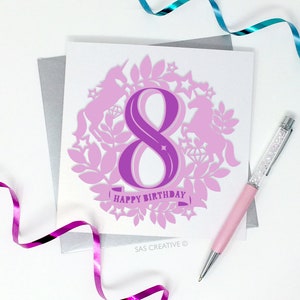 Modelo de corte de papel Feliz aniversário Oitavo 8º 8 Oito Unicórnio Mágico Cartão Temático Fazendo PDF JPEG para corte manual e SVG para Máquinas de Corte