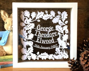 Personalised PDF SVG JPEG Papercut Template for Woodland New Forest New Baby Girl or Boy Naming Birth Christening Papercut Gift