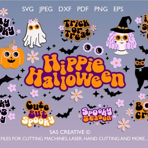 May include: A collection of Halloween-themed digital cut files with a groovy, retro aesthetic. Includes a pumpkin, ghost, witch, black cat, bats, flowers, and phrases like "Stay Spooky" and "Hippie Halloween".