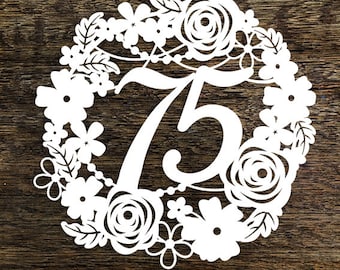 Papercut Template Floral Wreath 75 Birthday Wedding Anniversary Decoration Card Making PDF JPEG for handcutting & SVG for Cutting Machines