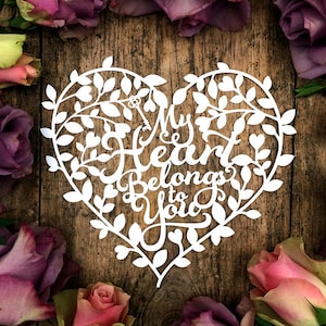 Commercieel gebruik Papercut-sjabloon hartboom 'My Heart Belongs to you' Valentijnsdag trouwkaart maken PDF JPEG SVG voor snijmachines
