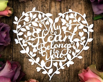 Commercial Use Papercut Template Heart Tree 'My Heart Belongs to you' Valentines Wedding Card Making PDF JPEG SVG for Cutting Machines