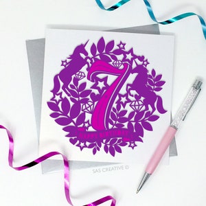 Papercut-sjabloon Happy Birthday Seventh 7th 7 Seven Unicorn magische themakaarten maken PDF JPEG voor handsnijden en SVG voor snijmachines
