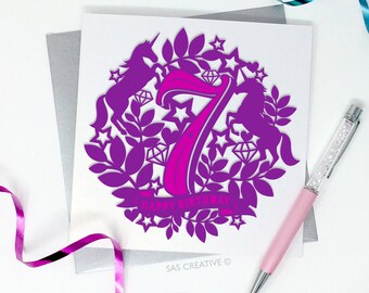 Papercut Template Happy Birthday Seventh 7th 7 Seven Unicorn Magic Themed Card Making PDF JPEG for handcutting & SVG for Cutting Machines