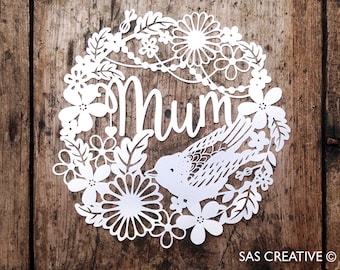 Mother's Day Papercut Template, Floral Bird Wreath (PDF, SVG)