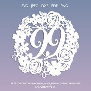 Modello di carta ritagliata per uso commerciale, corona floreale, 99° compleanno, anniversario di matrimonio, decorazione, creazione di biglietti PDF JPEG SVG per macchine da taglio