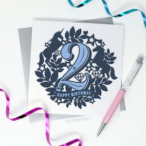 Papierschnitt Vorlage Happy Birthday Second 2nd 2 Zwei Einhorn Magie Themed Card Making PDF JPEG für Handcutting & SVG für Schneidemaschinen