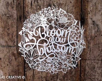 Bloom Grow Blossom Papercut Template, Spring Floral Design (PDF, SVG)