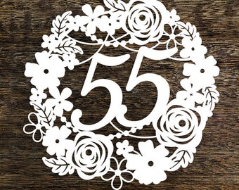 Papercut Template Floral Wreath 55 Birthday Wedding Anniversary Decoration Card Making PDF JPEG for handcutting & SVG for Cutting Machines