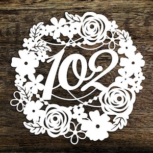 Plantilla de corte de papel para uso comercial: corona floral, 102.º aniversario de bodas, PDF, JPEG para cortar a mano y SVG para máquinas de corte