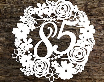 Commercial Use Papercut Template Floral Wreath 85 Birthday Wedding Anniversary PDF JPEG for handcutting & SVG for Cutting Machines