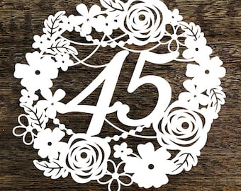 Papercut Template Floral Wreath 45 Birthday Wedding Anniversary Decoration Card Making PDF JPEG for handcutting & SVG for Cutting Machines