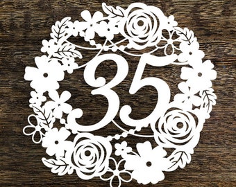 Plantilla de corte en papel corona floral 35 cumpleaños aniversario de boda decoración tarjeta haciendo PDF JPEG para corte a mano y SVG para máquinas de corte