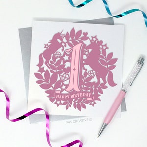 Papierschnitt Vorlage Happy Birthday First 1st 1 Ein Einhorn Magie Themed Card Making PDF JPEG für Handcutting & SVG für Schneidemaschinen