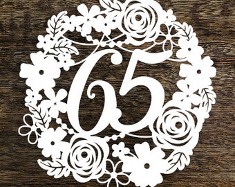 Papercut Template Floral Wreath 65 Birthday Wedding Anniversary Decoration Card Making PDF JPEG for handcutting & SVG for Cutting Machines