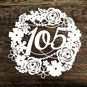 Modello Papercut Ghirlanda floreale 105 Compleanno Anniversario di matrimonio Decorazione Creazione di biglietti PDF JPEG per il taglio a mano e SVG per macchine da taglio