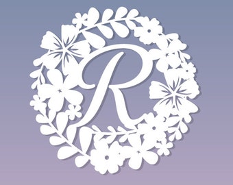 Commercial Use Papercut Template Floral 'R' New Baby Girl Card Making Wall Art PDF JPEG SVG