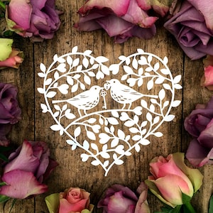 Commercial Use Papercut Template Floral Heart Wreath Love Birds Valentines Wedding Card PDF JPEG for handcutting & SVG for Cutting Machines