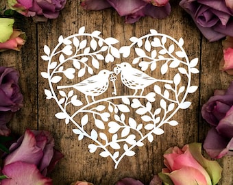 Commercial Use Papercut Template Floral Heart Wreath Love Birds Valentines Wedding Card PDF JPEG for handcutting & SVG for Cutting Machines