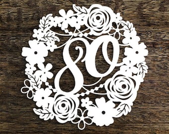 Papercut Template Floral Wreath 80 Birthday Wedding Anniversary Decoration Card Making PDF JPEG for handcutting & SVG for Cutting Machines