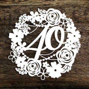 Modello di carta ritagliata Corona floreale 40° compleanno Anniversario di matrimonio Decorazione Creazione di biglietti PDF JPEG per il taglio a mano e SVG per macchine da taglio