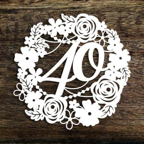 Papercut sjabloon bloemenkrans 40 verjaardag bruiloft verjaardag decoratie kaart maken PDF JPEG voor handsnijden & SVG voor snijmachines