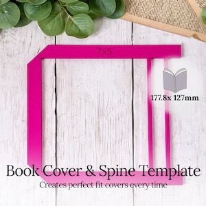 May include: A vibrant pink book cover and spine template, with the text "7x5" and a small book icon. The template is designed for perfect-fit covers. Dimensions are 17.8cm x 12.7cm.