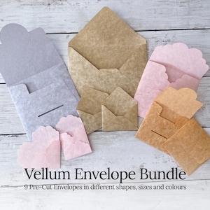 May include: A collection of nine vellum envelopes in various sizes, shapes, and colours, including light grey, tan, and soft pink. The text "Vellum Envelope Bundle" and "9 Pre-Cut Envelopes in different shapes, sizes and colours" is printed below.