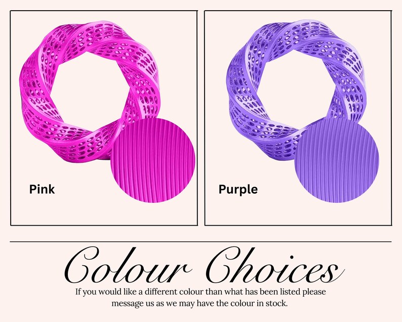 two different color choices: pink and purple. The pink color is represented by a pink spiral, while the purple color is represented by a purple spiral. The image also includes a text that says " Colour Choices" and " Colour Choices" in the bottom right corner.
