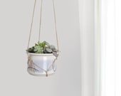Hanging Planter | Vintage Jute Macrame Plant Hanger and Beige, Blue and Green Ceramic Pot Holder For Air Plant and Small Succulent