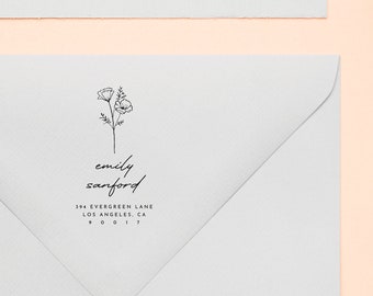 California Poppy Return Address Rubber Stamp   Custom Address Stamp Ink Pad Optional   Flower Illustration