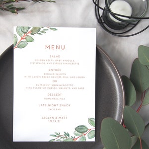 Menu di nozze in eucalipto • Menu stampati o stampabili • Verde Boho ad acquerello • Carta all'aria aperta M004
