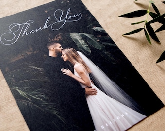 Romantic Calligraphy Wedding Photo Thank You Card | Custom Printed