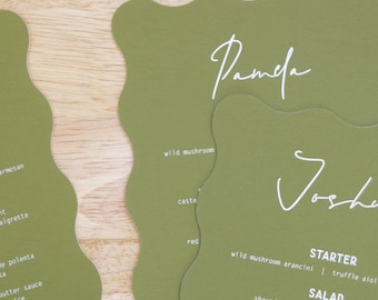 Personalized Wedding Menu Place Cards — Wavy Die Cut with Handwritten Style Script | Custom Printed