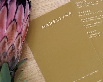 Classic Gold Wedding Menu with Guest Names — Minimal Typography with Monogram | Custom Printed