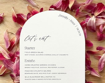 Arch Shape Let's Eat Solid Color Wedding Menu with Names and Date  Curved Text Printed Menu Cards Simple Contemporary Modern