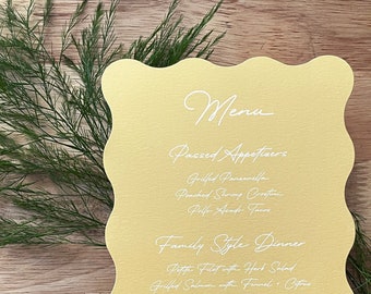 Wavy Edge Solid Color Light Yellow Wedding Menu   Printed Menu Cards Simple Elegant Place Setting