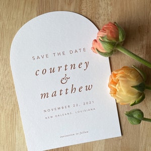 Arch Save the Date Solid Color Printed Cards Modern Typography Simple Minimal Die Cut Rounded Save the Date Open Air Paper image 1