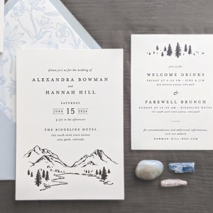 Mountain Letterpress Wedding Invitation Black and White Minimalist Invite Set Custom Printed Cotton Card Mountain Scenery Illustration image 1