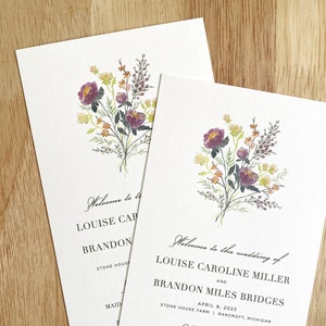 Wedding Ceremony Program Peony Bouquet   Watercolor Floral Printed Order of Service Card   Elegant Flowers Boho Wedding