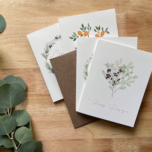 Set van 8 kerstkaarten met aquarelgroen • Notitiekaarten blanco binnenkant • A2 kerstkaart met kraftenvelop • Openluchtpapier