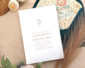 California Poppy Letterpress Wedding Invitation   Terracotta Simple Font Invite Set   Printed Cotton Card   Small Flower Illustration