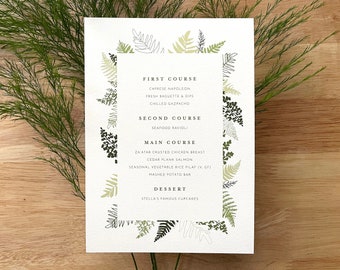 Wedding Menu Greenery Ferns   A7 5x7 Custom Printed Menu Card   Simple Fonts Outdoor Nature Botanical Illustration