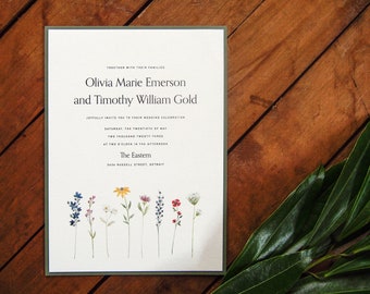 Wildflower Row Wedding Invitation • Simple Nature Floral Watercolor • Modern Boho Printed Invitation Suite • Open Air Paper