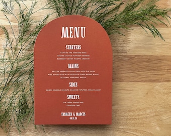 Arch Shape Bold Retro Typography Solid Color Wedding Menu   Curved Printed Menu Cards Simple Contemporary Modern Text